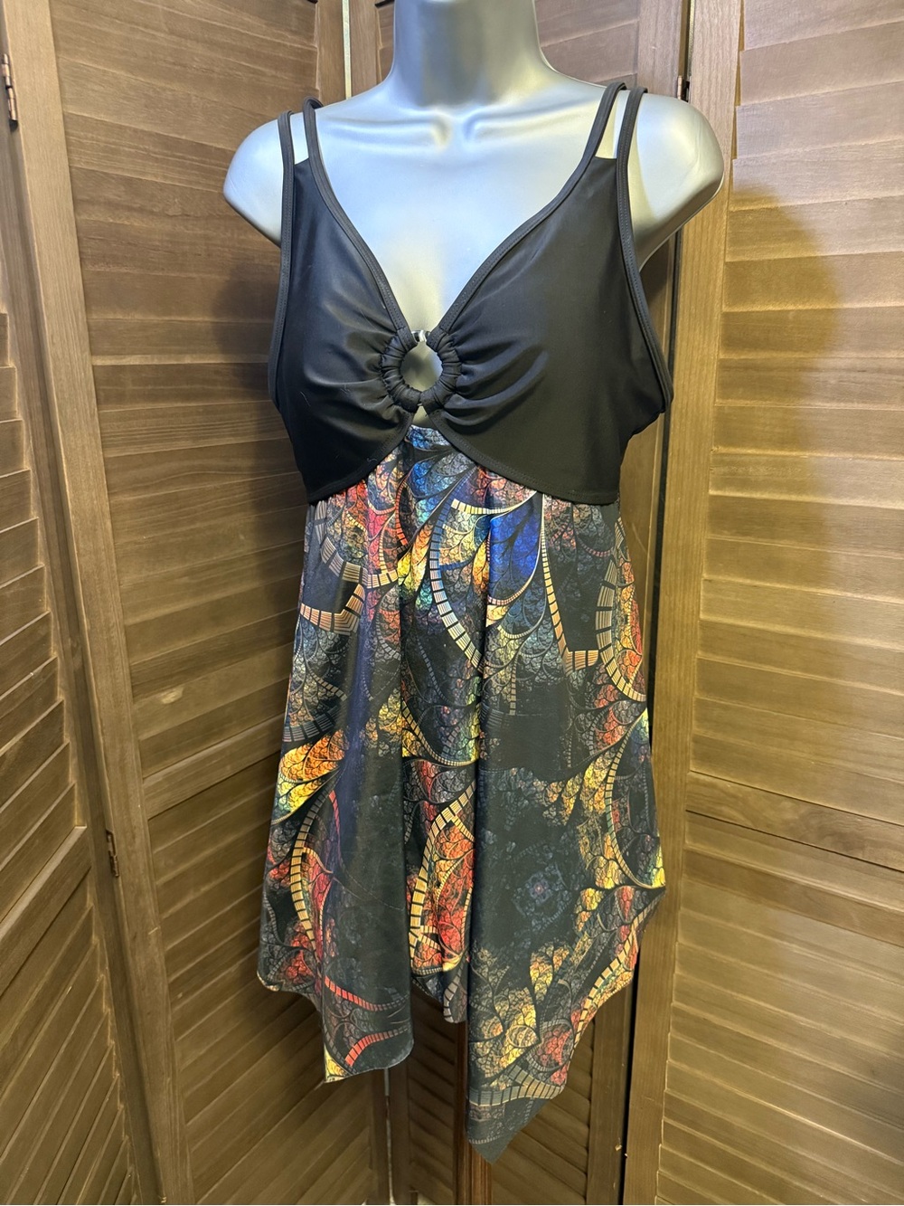 Black with multicolor design swim dress/Tankini